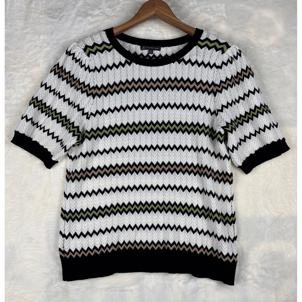 Adrianna Papell Sweater‎ Sz XL Short Sleeve Knit Top Pointy Stripes Y2K 90s